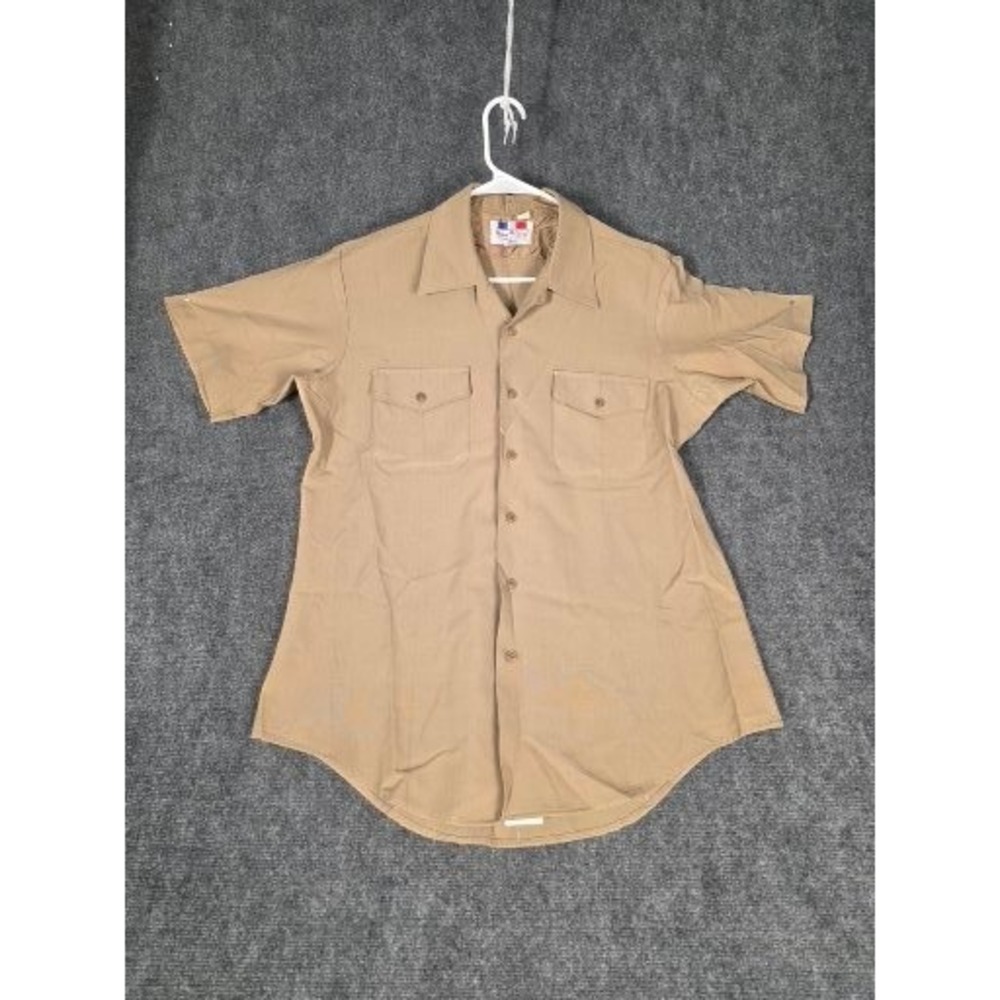VTG Flying Cross Mens Tan Khaki Short Sleeve Wool Blend Uniform Shirt Sz L 22x27